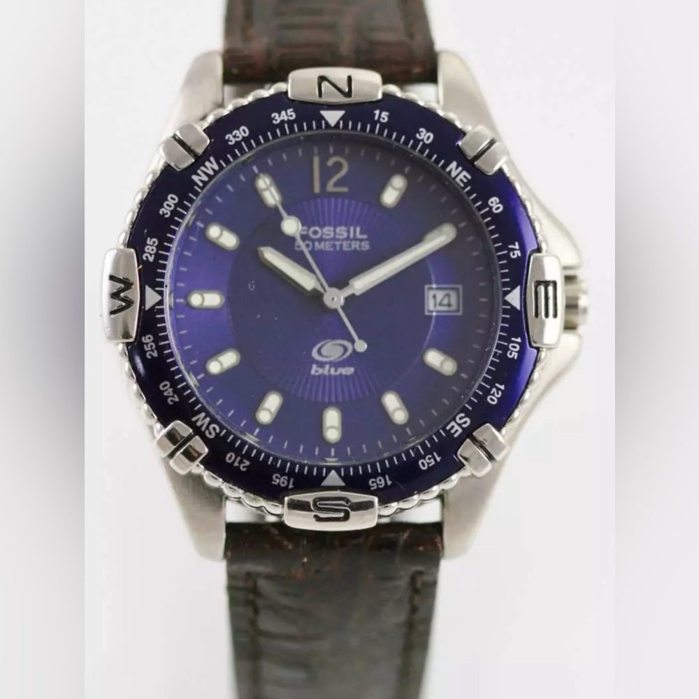FOSSIL BLUE WATCH MENS STAINLESS SILVER DATE 50M WATER RES BROWN LEATHER QUARTZ